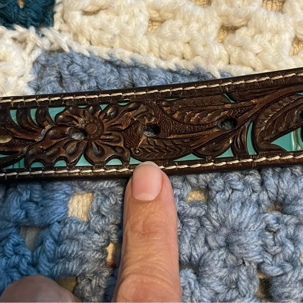 Ariat Children's Western Floral Belt Brown & Turquoise Tooled Overlay S/M 20